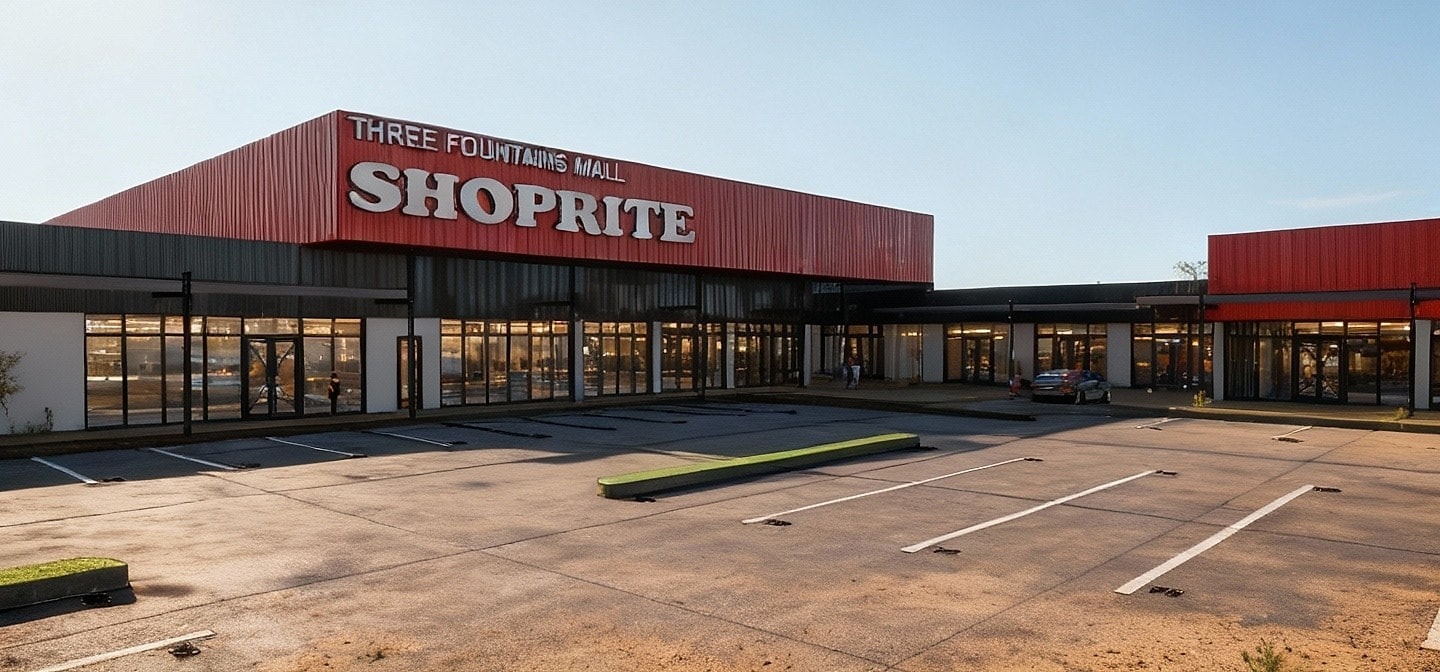 Three Fountains Mall architectural render — side elevation